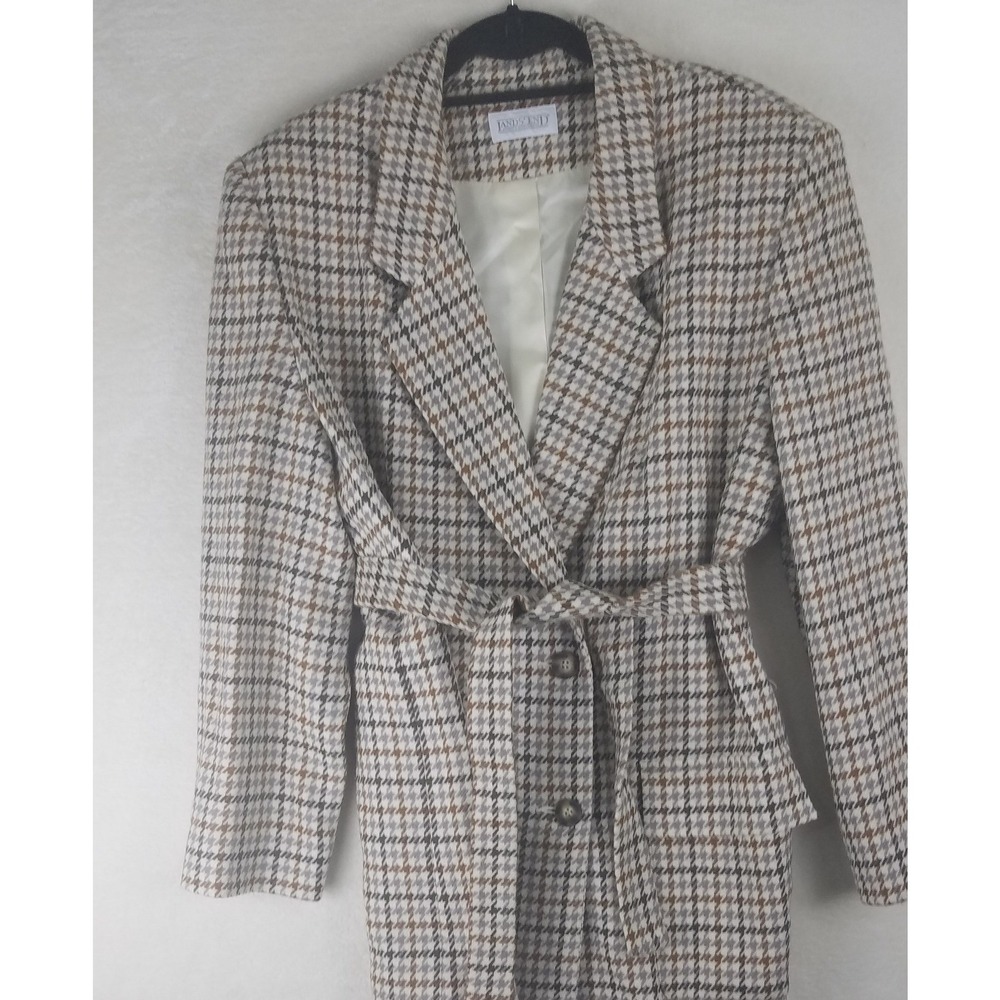 Lands End Womens Blazer Jacket Hounds tooth Wool 100% Belted Regular 12